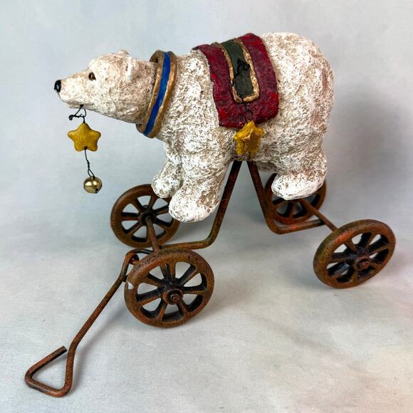Vintage Rustic Holiday Christmas Polar Bear Wagon Figurine On Wheels - Picture 1 of 6